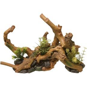 Blue Ribbon EE-639 Exotic Environments Driftwood Centerpiece with Plants Aquarium Ornament, Brown, Small