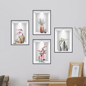 3D Vase Flower Wall Stickers Self-Adhesive Wall Art Decor, Set of 4 Morden Vinyl Wall Art Sticker Home Decor Wall Posters and Prints for Aisle Stairs Wall Corner Living Room Sofa Backdrop 11.4"x15.3"