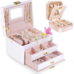 صندوق مجوهرات بريتي كومي للفتيات ومنظم صندوق مجوهرات صغير للسفر مع مرآة لقلادة القرط والسوار، أفضل هدية للفتيات in Kuwait