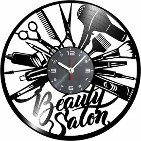 Beauty salon vinyl wall clock - Hairdresser accessories and supplies professional themed salon art home room decorations - Women hair stylist hanging decor gift set idea for salons lovers LP Black 12" in Saudi Arabia