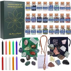 Healing Crystals, Witchcraft Supplies Different Gemstone Mini Bottles Raw Chakra Stones Tumbled Chakra Stones 58 Kits with Magic Candles for Witch Stuff Chakra Healing Gemstones Set in Saudi Arabia