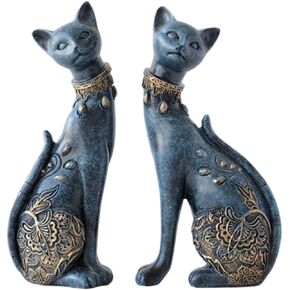 QIANLING 2 Pcs/Set Resin Light Blue Couple Cat Statues for Home Decor - Modern Decorative Cat Figurines and Statues - Perfect for Living Room, Wine Cabinet, TV Cabinet Decor - Ideal Wedding Gift