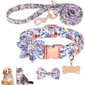 Cute Girl Dog Collar and Leash Set with Flower Bowtie,Adjustable Floral Collar for Female Dog,Metal Buckle,Tag Decor for Small Puppy Medium Large Dogs Cats(S, Green) in Kuwait