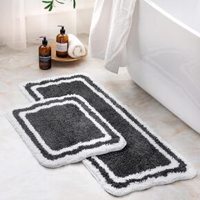 Ashler Black Bathroom Rugs 2 Piece, Rectangle Bath Mat Set of 2, Machine Washable Quick Dry Bath Runner Rug, Soft Shaggy Bath Carpet, Non Slip for Bathroom Floor, Tub, Shower, 17X24 & 17X47 in Kuwait
