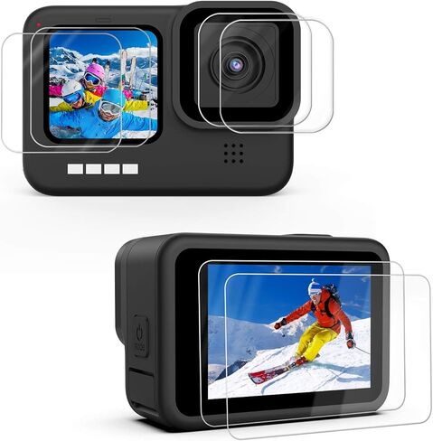 [6 قطع] شاشة حماية متوافقة مع جو برو هيرو 10/ جو برو هيرو 9 اسود، طبقة شاشة امامية + شاشة حماية من الزجاج المقوى فائقة الشفافية + واقي عدسة من الزجاج المقوى + ملحقات التركيب in Kuwait