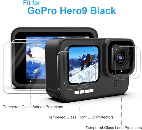 [6 قطع] شاشة حماية متوافقة مع جو برو هيرو 10/ جو برو هيرو 9 اسود، طبقة شاشة امامية + شاشة حماية من الزجاج المقوى فائقة الشفافية + واقي عدسة من الزجاج المقوى + ملحقات التركيب in Kuwait