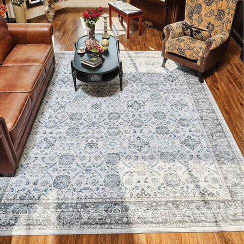 سجادة منطقة قابلة للغسل مقاس 8 × 10 لغرفة المعيشة وغرفة النوم - سجادة بوهو عتيقة كبيرة ناعمة ومزخرفة بالزهور لغرفة الطعام وغرفة اللعب والمنزل والمكتب وديكور الغرفة الداخلية، رمادي in Kuwait