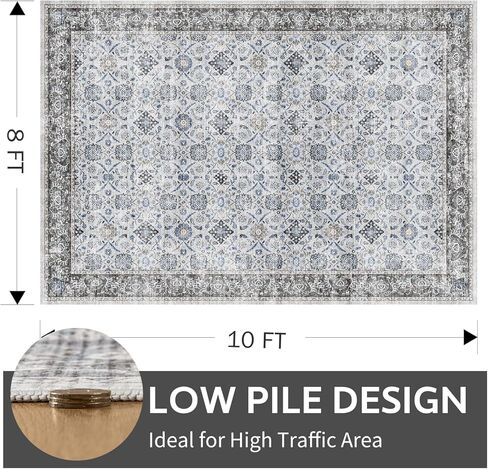سجادة منطقة قابلة للغسل مقاس 8 × 10 لغرفة المعيشة وغرفة النوم - سجادة بوهو عتيقة كبيرة ناعمة ومزخرفة بالزهور لغرفة الطعام وغرفة اللعب والمنزل والمكتب وديكور الغرفة الداخلية، رمادي in Kuwait