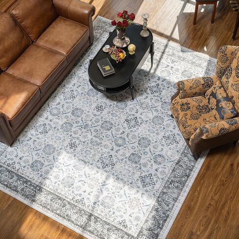 سجادة منطقة قابلة للغسل مقاس 8 × 10 لغرفة المعيشة وغرفة النوم - سجادة بوهو عتيقة كبيرة ناعمة ومزخرفة بالزهور لغرفة الطعام وغرفة اللعب والمنزل والمكتب وديكور الغرفة الداخلية، رمادي in Kuwait