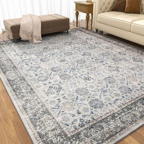 سجادة منطقة قابلة للغسل مقاس 8 × 10 لغرفة المعيشة وغرفة النوم - سجادة بوهو عتيقة كبيرة ناعمة ومزخرفة بالزهور لغرفة الطعام وغرفة اللعب والمنزل والمكتب وديكور الغرفة الداخلية، رمادي in Kuwait