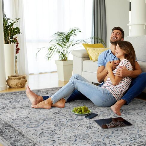 سجادة منطقة قابلة للغسل مقاس 8 × 10 لغرفة المعيشة وغرفة النوم - سجادة بوهو عتيقة كبيرة ناعمة ومزخرفة بالزهور لغرفة الطعام وغرفة اللعب والمنزل والمكتب وديكور الغرفة الداخلية، رمادي in Kuwait