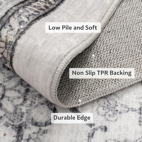 سجادة منطقة قابلة للغسل مقاس 8 × 10 لغرفة المعيشة وغرفة النوم - سجادة بوهو عتيقة كبيرة ناعمة ومزخرفة بالزهور لغرفة الطعام وغرفة اللعب والمنزل والمكتب وديكور الغرفة الداخلية، رمادي in Kuwait