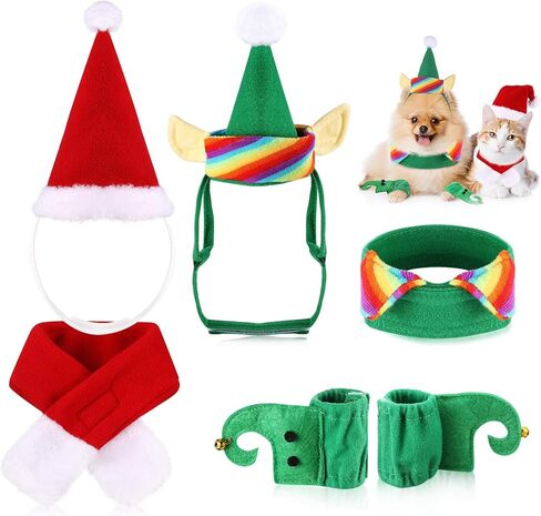 6 Pieces Cat Christmas Clothes Christmas Cat Costume Dog Xmas Clothes Set Dog Cat Santa Hat with Scarf Christmas Costume Green Elf Outfit for Puppy Kitten Small Cats Dogs Pets in Saudi Arabia