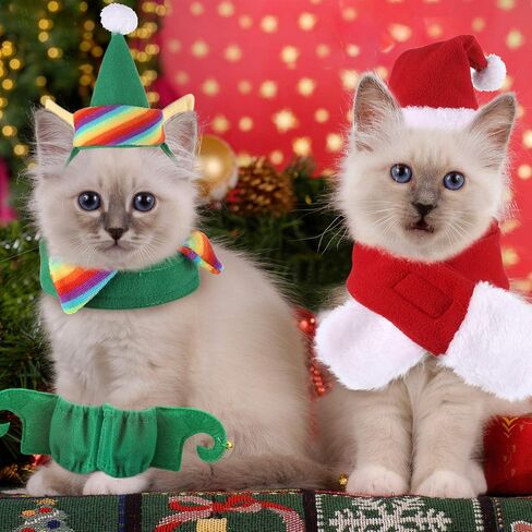 6 Pieces Cat Christmas Clothes Christmas Cat Costume Dog Xmas Clothes Set Dog Cat Santa Hat with Scarf Christmas Costume Green Elf Outfit for Puppy Kitten Small Cats Dogs Pets in Saudi Arabia