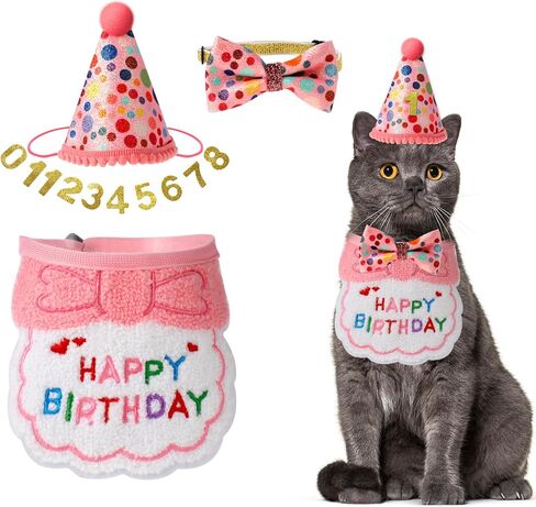 KALIONE Cat Birthday Party Supplies Pack, Cute Cat Birthday Hat with 0-8 Numbers, Adjustable Cat Bandana, Cat Birthday Decorations, Birthday Outfits Hat Accessories for Indoor Cats Kitten Pet, Pink in Kuwait