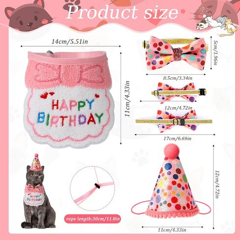 KALIONE Cat Birthday Party Supplies Pack, Cute Cat Birthday Hat with 0-8 Numbers, Adjustable Cat Bandana, Cat Birthday Decorations, Birthday Outfits Hat Accessories for Indoor Cats Kitten Pet, Pink in Kuwait