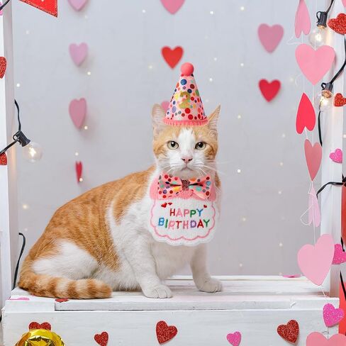KALIONE Cat Birthday Party Supplies Pack, Cute Cat Birthday Hat with 0-8 Numbers, Adjustable Cat Bandana, Cat Birthday Decorations, Birthday Outfits Hat Accessories for Indoor Cats Kitten Pet, Pink in Kuwait
