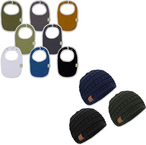 KeaBabies Organic Baby Bibs for Boys & Girls And Baby Beanie Winter Hats Bundle - Organic Cotton Teething Bib (Basic) - Soft Knitted Baby Hat Mittens (Urban) in Saudi Arabia
