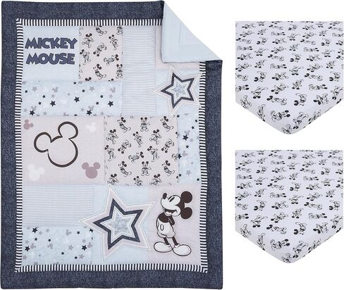 Disney Mickey Mouse Timeless Mickey Gray, White, & Blue Stars & Icons 3Piece Nursery Mini Crib Bedding Set - Comforter & Two Fitted Mini Crib Sheets, Navy, Grey, Black, White in Saudi Arabia