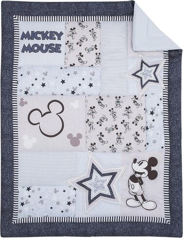 Disney Mickey Mouse Timeless Mickey Gray, White, & Blue Stars & Icons 3Piece Nursery Mini Crib Bedding Set - Comforter & Two Fitted Mini Crib Sheets, Navy, Grey, Black, White in Saudi Arabia