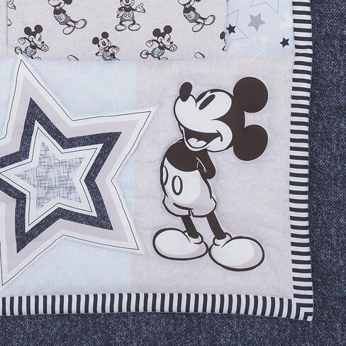 Disney Mickey Mouse Timeless Mickey Gray, White, & Blue Stars & Icons 3Piece Nursery Mini Crib Bedding Set - Comforter & Two Fitted Mini Crib Sheets, Navy, Grey, Black, White in Saudi Arabia