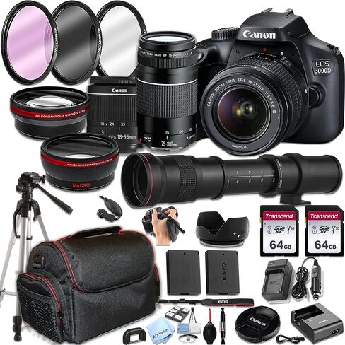 كاميرا Canon EOS 3000d / Rebel T100 DSLR مع عدسة تكبير 18-55 مم F/3.5-5.6 + عدسة 75-300 مم F/4-5.6 III + عدسة تليفوتوغرافي فائقة 420-800 مم + ذاكرة سعة 128 جيجابايت، حافظة - ملحقات صور احترافية باقة in Saudi Arabia