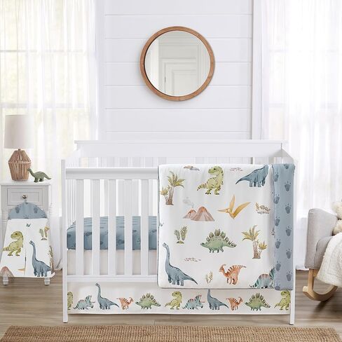 Sweet Jojo Designs Watercolor Dinosaur Dino Baby Boy Crib Bedding Set Infant Nursery Room Blanket Fitted Sheet Skirt Diaper Stacker 4p Green Blue White Modern Nature Jurassic Animal Tracks Footprint in Saudi Arabia