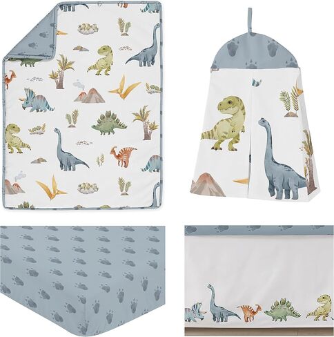 Sweet Jojo Designs Watercolor Dinosaur Dino Baby Boy Crib Bedding Set Infant Nursery Room Blanket Fitted Sheet Skirt Diaper Stacker 4p Green Blue White Modern Nature Jurassic Animal Tracks Footprint in Saudi Arabia