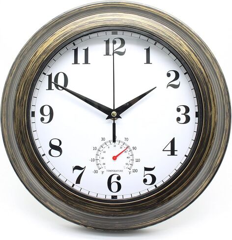 Evursua داخلي في الهواء الطلق على مدار الساعة ميزان الحرارة التحرير والسرد ساعات الحائط للماء لفناء حديقة غرفة نوم الحمام، مقاومة الطقس، غير موقوتة، تعمل بالبطارية (برونزية، 12 بوصة) in Kuwait