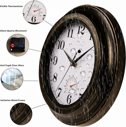 Evursua داخلي في الهواء الطلق على مدار الساعة ميزان الحرارة التحرير والسرد ساعات الحائط للماء لفناء حديقة غرفة نوم الحمام، مقاومة الطقس، غير موقوتة، تعمل بالبطارية (برونزية، 12 بوصة) in Kuwait