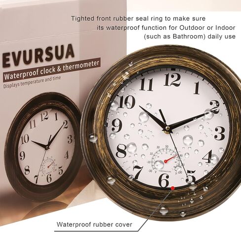 Evursua داخلي في الهواء الطلق على مدار الساعة ميزان الحرارة التحرير والسرد ساعات الحائط للماء لفناء حديقة غرفة نوم الحمام، مقاومة الطقس، غير موقوتة، تعمل بالبطارية (برونزية، 12 بوصة) in Kuwait