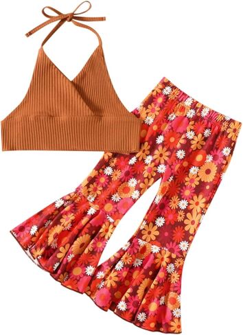 ملابس للفتيات الصغيرات ملابس بدون أكمام وقمصان قصيرة وسروال على شكل زهرة جرس سفلي مجموعة ملابس صيفية in Kuwait