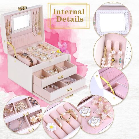 صندوق مجوهرات بريتي كومي للفتيات ومنظم صندوق مجوهرات صغير للسفر مع مرآة لقلادة القرط والسوار، أفضل هدية للفتيات in Kuwait