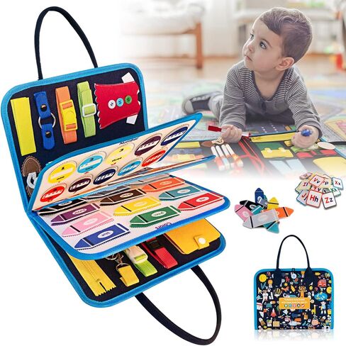 لوحة مشغولة للأطفال الصغار، لوحة مونتيسوري الحسية للسفر كتاب هادئ لعبة تعليمية تعليمية لمرحلة ما قبل المدرسة للأطفال، طائرة سيارة، مهارات اللباس الأساسية، لوحات الأنشطة الحركية الدقيقة، هدايا لعمر 1-3 4 5 6 سنوات باللون الأزرق in Kuwait