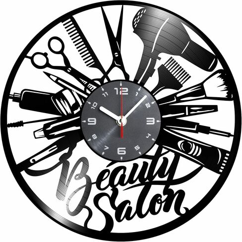 Beauty salon vinyl wall clock - Hairdresser accessories and supplies professional themed salon art home room decorations - Women hair stylist hanging decor gift set idea for salons lovers LP Black 12" in Saudi Arabia