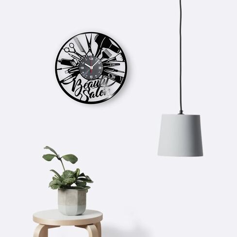 Beauty salon vinyl wall clock - Hairdresser accessories and supplies professional themed salon art home room decorations - Women hair stylist hanging decor gift set idea for salons lovers LP Black 12" in Saudi Arabia