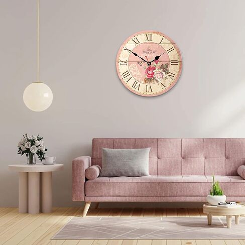 فيماري ساعة حائط كلاسيكية صامتة تعمل بالبطارية من هوم مقاس 14 انش، ساعة حائط خشبية دائرية بأرقام رومانية للاستخدام الداخلي، ساعات حائط بنمط روز بينك in Kuwait
