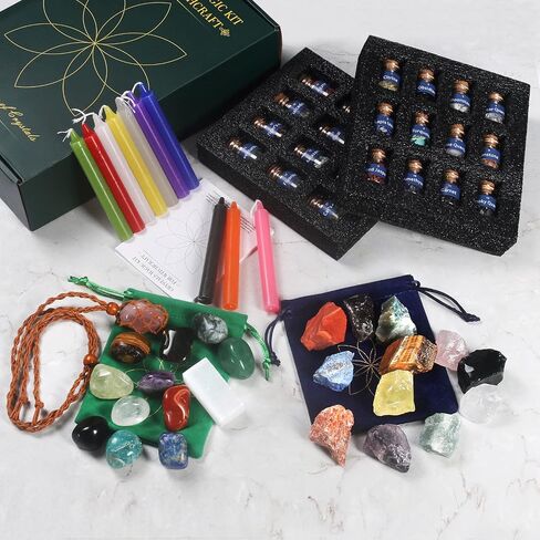 Healing Crystals, Witchcraft Supplies Different Gemstone Mini Bottles Raw Chakra Stones Tumbled Chakra Stones 58 Kits with Magic Candles for Witch Stuff Chakra Healing Gemstones Set in Saudi Arabia