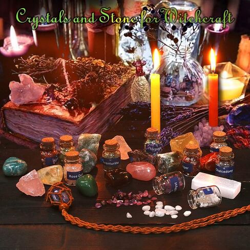 Healing Crystals, Witchcraft Supplies Different Gemstone Mini Bottles Raw Chakra Stones Tumbled Chakra Stones 58 Kits with Magic Candles for Witch Stuff Chakra Healing Gemstones Set in Saudi Arabia
