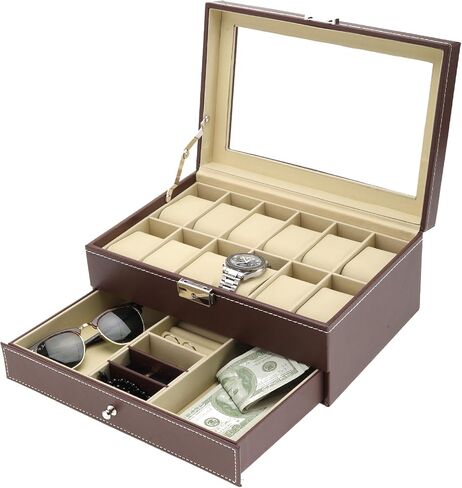 NovelBee 12 Slots Watch Box,Lockable Watch Case with Glass Lid,The second layer Jewelry Storage with 1 Drawer for Rings,Bracelets,Earring Display Organizer in Saudi Arabia