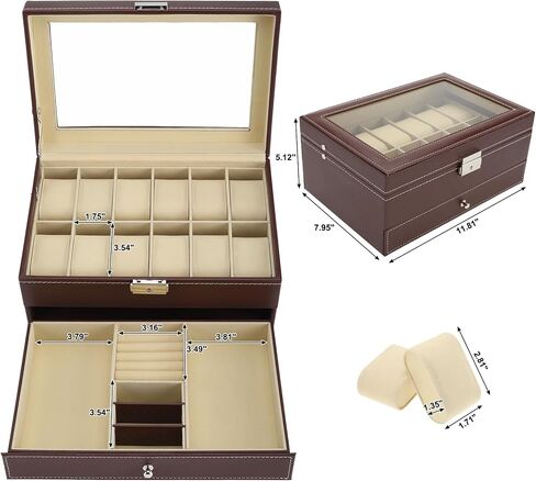 NovelBee 12 Slots Watch Box,Lockable Watch Case with Glass Lid,The second layer Jewelry Storage with 1 Drawer for Rings,Bracelets,Earring Display Organizer in Saudi Arabia