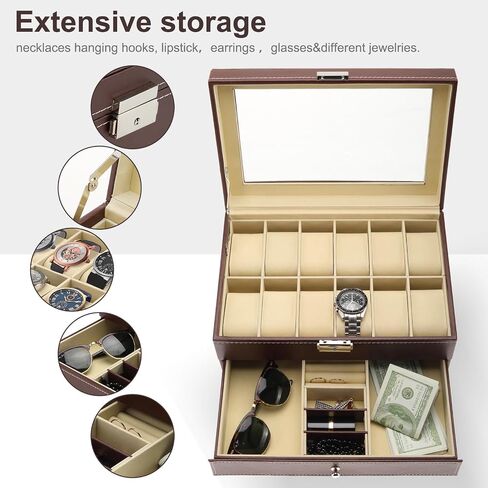 NovelBee 12 Slots Watch Box,Lockable Watch Case with Glass Lid,The second layer Jewelry Storage with 1 Drawer for Rings,Bracelets,Earring Display Organizer in Saudi Arabia