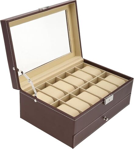 NovelBee 12 Slots Watch Box,Lockable Watch Case with Glass Lid,The second layer Jewelry Storage with 1 Drawer for Rings,Bracelets,Earring Display Organizer in Saudi Arabia
