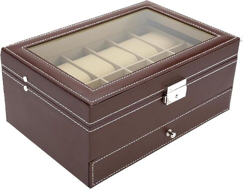 NovelBee 12 Slots Watch Box,Lockable Watch Case with Glass Lid,The second layer Jewelry Storage with 1 Drawer for Rings,Bracelets,Earring Display Organizer in Saudi Arabia