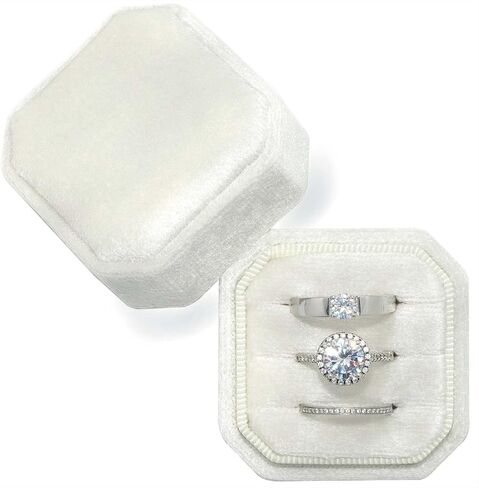 Beatilog Velvet Ring Box 3 Slots - Octagon Premium Velvet Ring Holder Handmade Three Rings Bearer for Wedding Ceremony, Proposal, Engagement, Christmas, Photography （Ivory） in Kuwait