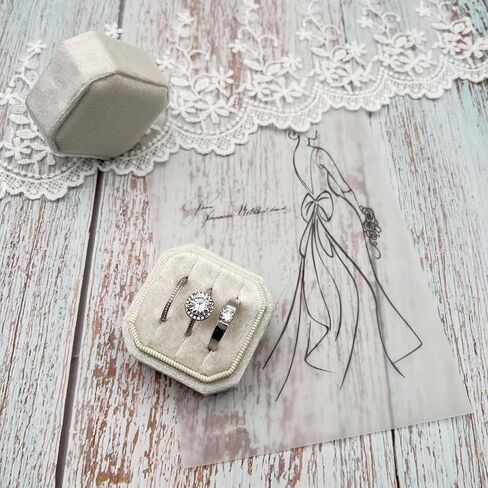 Beatilog Velvet Ring Box 3 Slots - Octagon Premium Velvet Ring Holder Handmade Three Rings Bearer for Wedding Ceremony, Proposal, Engagement, Christmas, Photography （Ivory） in Kuwait