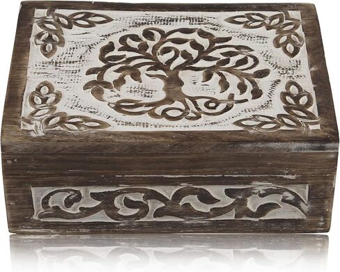 Great Birthday Gift Handmade Decorative Wooden Jewelry Box Tree Of Life Carving Jewelry Organizer Keepsake Box Treasure Chest Trinket Holder Watch Box Storage Lock Box Housewarming Gift (Brown) in Kuwait