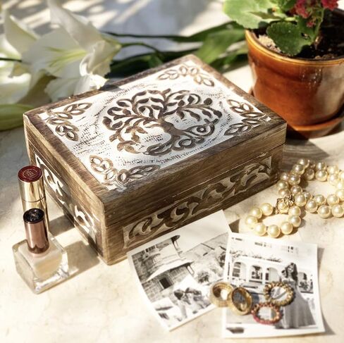 Great Birthday Gift Handmade Decorative Wooden Jewelry Box Tree Of Life Carving Jewelry Organizer Keepsake Box Treasure Chest Trinket Holder Watch Box Storage Lock Box Housewarming Gift (Brown) in Kuwait
