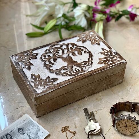 Great Birthday Gift Handmade Decorative Wooden Jewelry Box Tree Of Life Carving Jewelry Organizer Keepsake Box Treasure Chest Trinket Holder Watch Box Storage Lock Box Housewarming Gift (Brown) in Kuwait