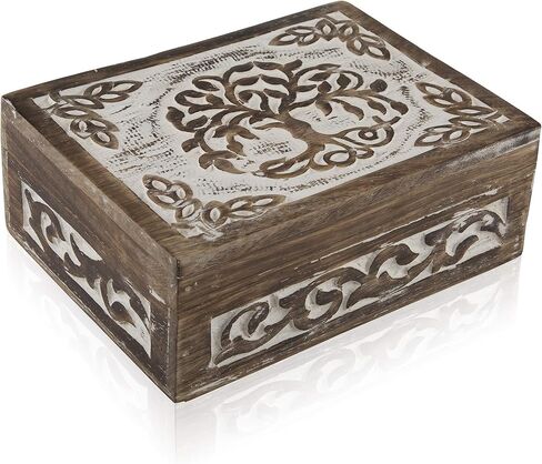 Great Birthday Gift Handmade Decorative Wooden Jewelry Box Tree Of Life Carving Jewelry Organizer Keepsake Box Treasure Chest Trinket Holder Watch Box Storage Lock Box Housewarming Gift (Brown) in Kuwait